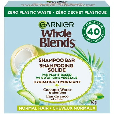 Garnier Whole Blends Coconut & Aloe Vera Hydrating Shampoo Bar for Normal Hair, Zero Plastic Packaging, Sulfate Free, Preservative Free, Silicone Free, Soap & Dye Free, with Coconut oil and Organic Aloe Vera, 60G
