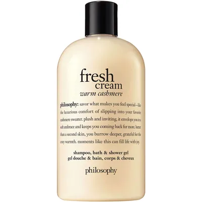 fresh cream warm cashmere shampoo, bath and shower gel, cleanses, conditions, softens skin & hair