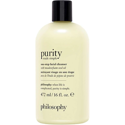 purity made simple one-step facial cleanser, gentle, respects skin's barrier, skin is soft, conditionned & fresh, removes make-up