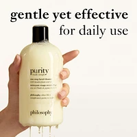 purity made simple one-step facial cleanser, gentle, respects skin's barrier, skin is soft, conditionned & fresh, removes make-up