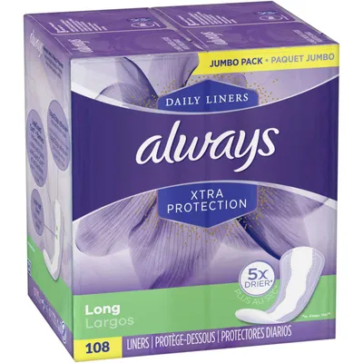 Always Xtra Protection Daily Liners Long Unscented, 108 Count
