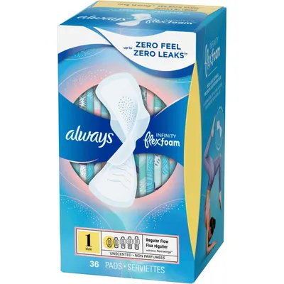 Always Infinity FlexFoam Pads for Women Size 1 Regular Absorbency, Zero Leaks & Zero Feel is possible, with Wings Unscented, 36 Count
