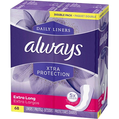 Always Xtra Protection Daily Liners Extra Long Unscented, 68 Count