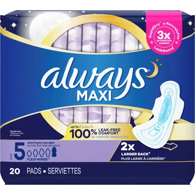 Always Maxi Pads Size 5 Extra Heavy Overnight Absorbency Unscented with Wings, 20 Count