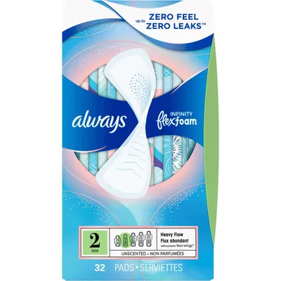 Always Infinity FlexFoam Pads for Women Size 2 Heavy Flow Absorbency, Zero Leaks & Zero Feel is possible, without Wings Unscented, 32 Count