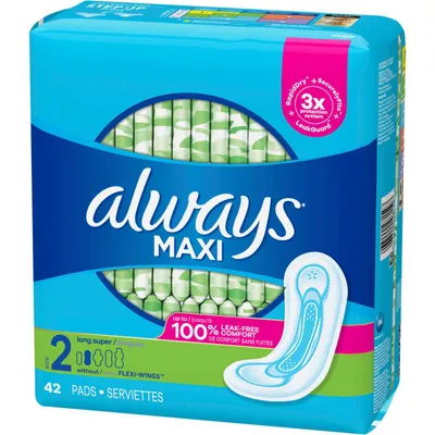 Always Maxi Pads Size 2 Long Super Absorbency Unscented without Wings, 42 Count