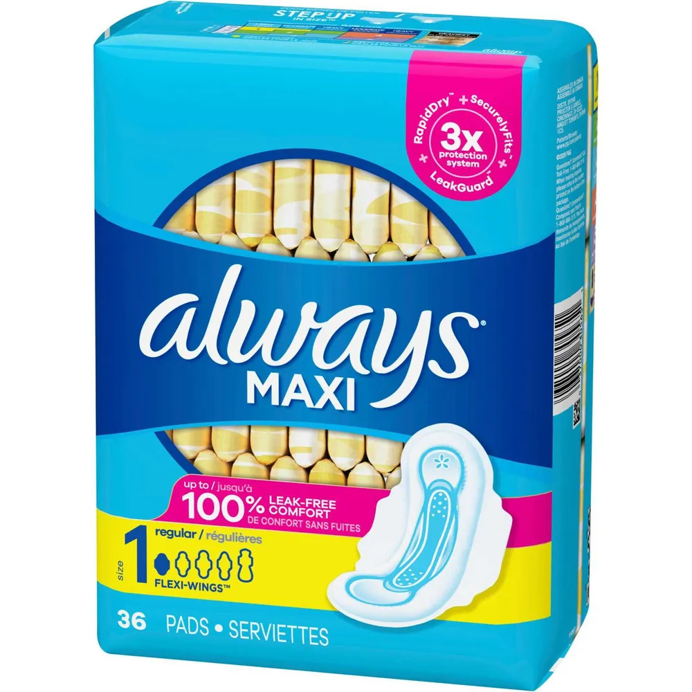 Always Maxi Pads Size 1 Regular Super Absorbency Unscented with Wings, 36  Count