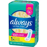 Always Ultra Thin Pads Size 1 Regular Absorbency Unscented without Wings, 44 Count