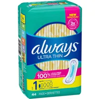 Always Ultra Thin Pads Size 1 Regular Absorbency Unscented without Wings, 44 Count