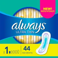 Always Ultra Thin Pads Size 1 Regular Absorbency Unscented without Wings, 44 Count