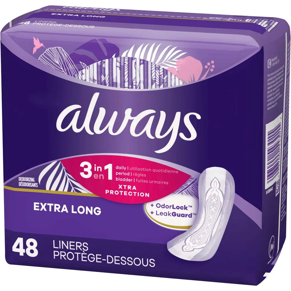 Always 3-in-1 Xtra Protection Daily Liners Extra Long w/ LeakGuards,  Absorbs 8x Vs Always Thin Bladder Leaks, 48 Count