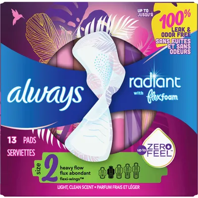 Always Radiant Pads, Size 2, Heavy Flow Absorbency, Scented, 13 Count