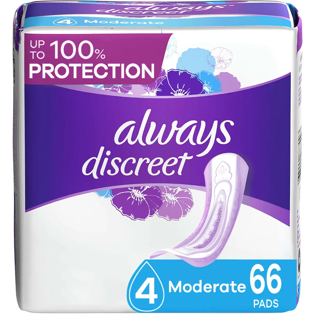 Discreet Moderate Incontinence Pads, 66 Count