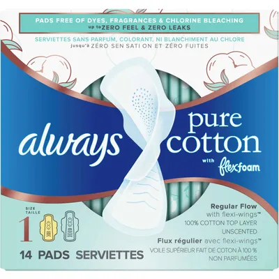Always Pure Cotton with FlexFoam Pads Size 1, 14 Count