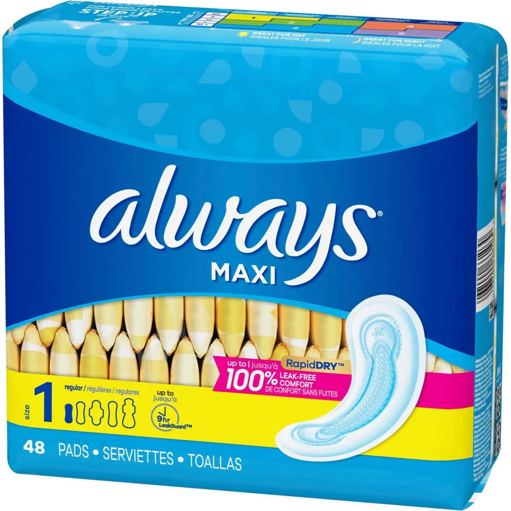 Always Maxi Pads Size 1 Regular Absorbency Unscented without Wings, 48 Count