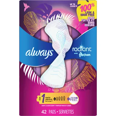 Always Radiant Flexfoam pads for Women Size 1, Regular Absorbency with Wings, 42 count