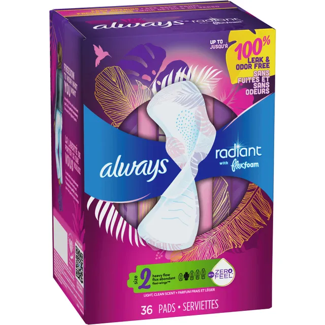 Always Radiant FlexFoam Pads for Women Size 5 Extra Heavy Overnight  Absorbency with Wings, 26 Count