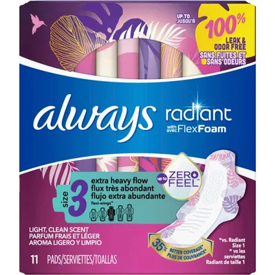 Always Radiant Pads, Size 3, Extra Heavy Flow Absorbency, Scented, 11 Count
