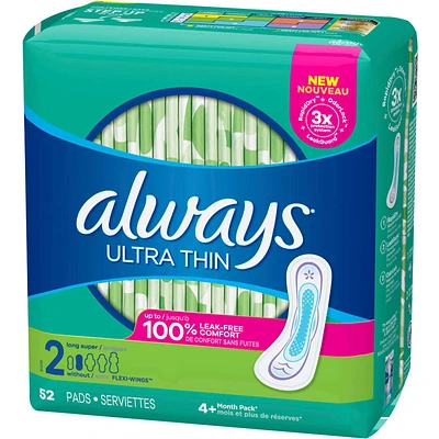 Always Ultra Thin Pads Size 2 Long Absorbency Unscented without Wings, 52 Count