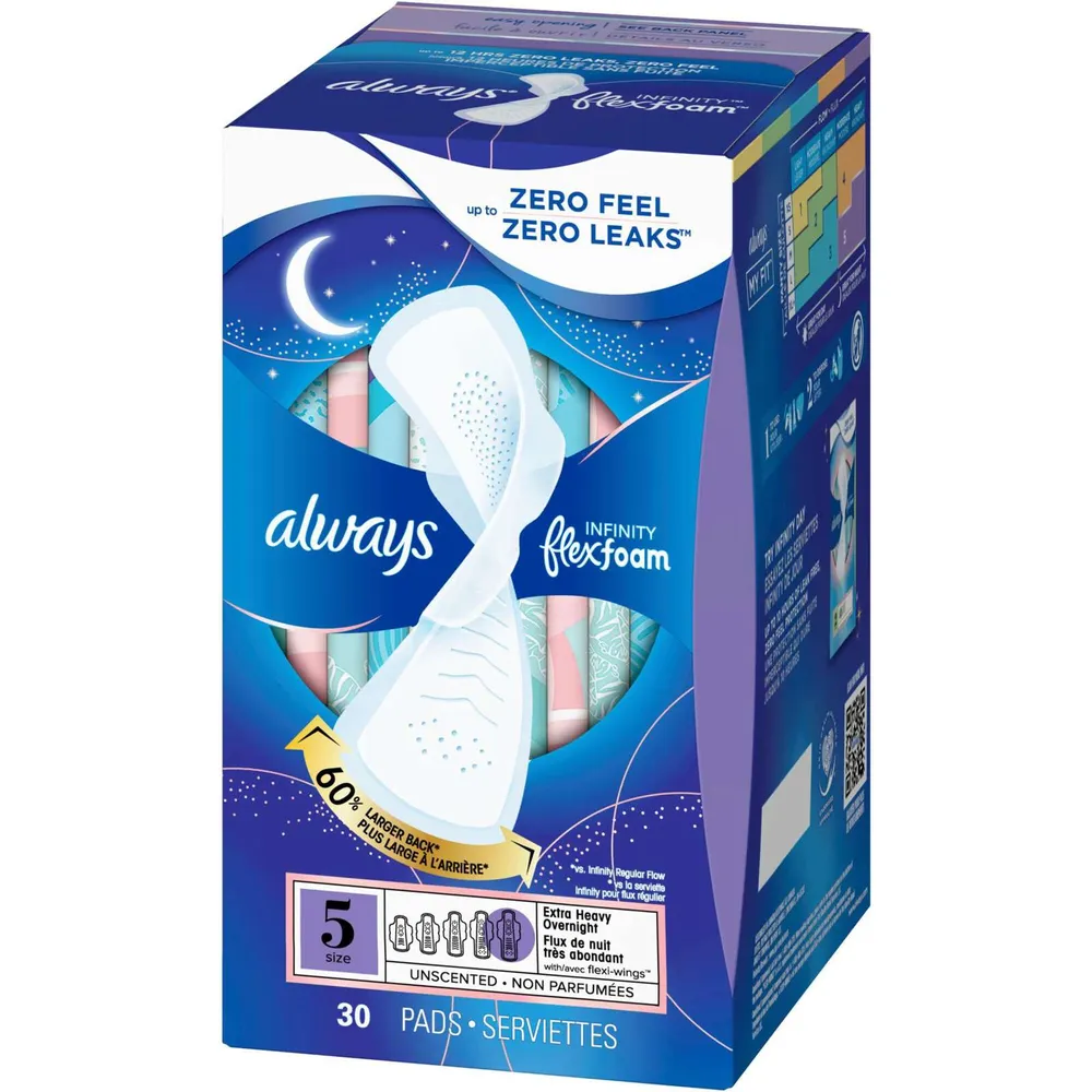 Always Infinity FlexFoam Pads for Women Size 5 Extra Heavy Overnight Absorbency, Up to 12 hours Zero Leaks, Zero Feel Protection, with Wings Unscented
