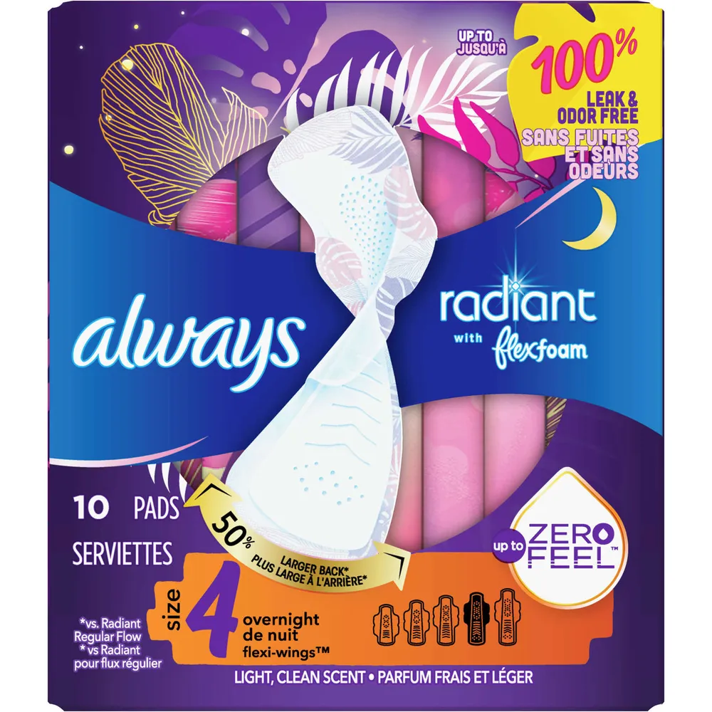 Always Radiant Teen Feminine Pads with FlexFoam, Regular, with