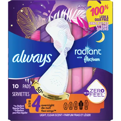Always Radiant FlexFoam Pads for Women Size 4 Overnight Absorbency with Wings, 10 Count