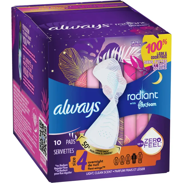 Always Radiant Flex Foam Overnight Pads With Wings Size 4 - 20 CT 6 Pa –  StockUpExpress