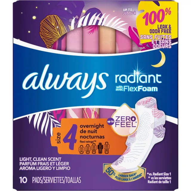 Always Radiant FlexFoam Pads with Wings Overnight Absorbency Size 4  Scented, 10 count - Fry's Food Stores
