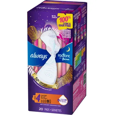 Always Radiant FlexFoam Pads for Women, Size 4, Overnight Absorbency, 100% Leak & Odor Free Protection is possible, with Wings, Scented