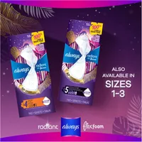 Always Radiant FlexFoam Pads for Women, Size 4, Overnight Absorbency, 100% Leak & Odor Free Protection is possible, with Wings, Scented