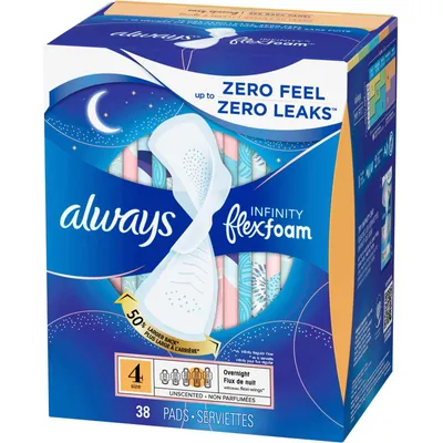 Always Infinity FlexFoam Pads for Women Size 4 Overnight Absorbency, Up to 12 hours Zero Leaks, Zero Feel Protection, with Wings Unscented