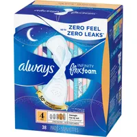 Always Infinity FlexFoam Pads for Women Size 4 Overnight Absorbency, Up to 12 hours Zero Leaks, Zero Feel Protection, with Wings Unscented