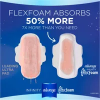 Always Infinity FlexFoam Pads for Women Size 4 Overnight Absorbency, Up to 12 hours Zero Leaks, Zero Feel Protection, with Wings Unscented