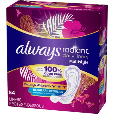 Always Radiant Daily Multistyle Liners Regular Absorbency Unscented, Up to 100% Odor-free, 54 Count