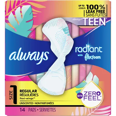 Always Radiant FlexFoam Teen Pads Regular Absorbency with Wings, 14 Count