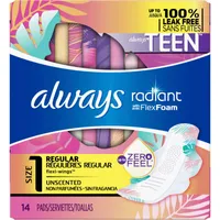 Always Radiant Teen Pads with FlexFoam Regular Absorbency Size 1