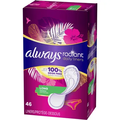 Always Radiant Daily Liners Long Absorbency, Up to 100% Odor-free, 46 Count