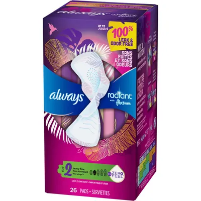 Always Radiant FlexFoam Pads for Women Size 2, Heavy Flow Absorbency, 100% Leak & Odor Free Protection is possible, with Wings, Scented, 26 Count