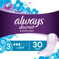 Discreet Light Incontinence Pads, 30 Count