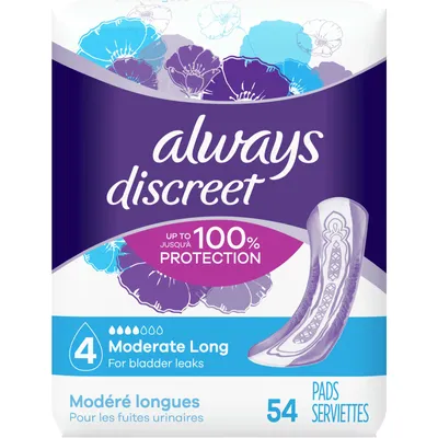 Discreet Moderate Long Incontinence Pads, 54 Count