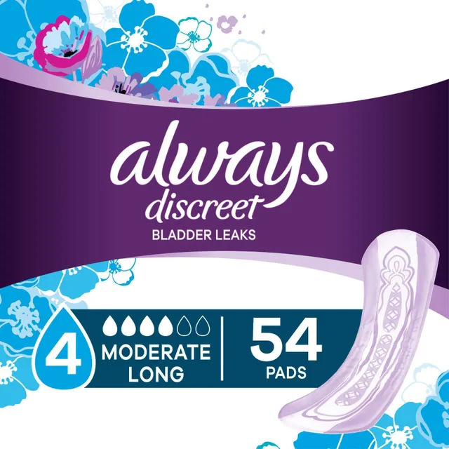 Always Discreet Incontinence Pads for Women, Moderate, Long - 54