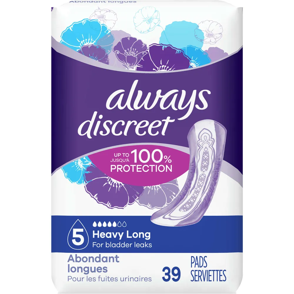 Discreet Heavy Long Incontinence Pads, 39 Count