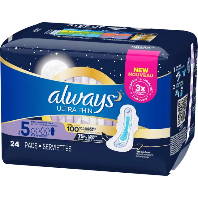 HSA Eligible  Always Ultra Thin Pads Extra Heavy Overnight Absorbency  Unscented with Wings, Size 5, 34 ct. (2-Pack)