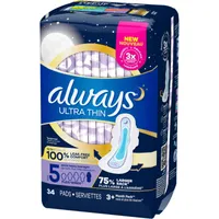 Always Ultra Thin Pads Size 5 Extra Heavy Overnight Absorbency Unscented with Wings