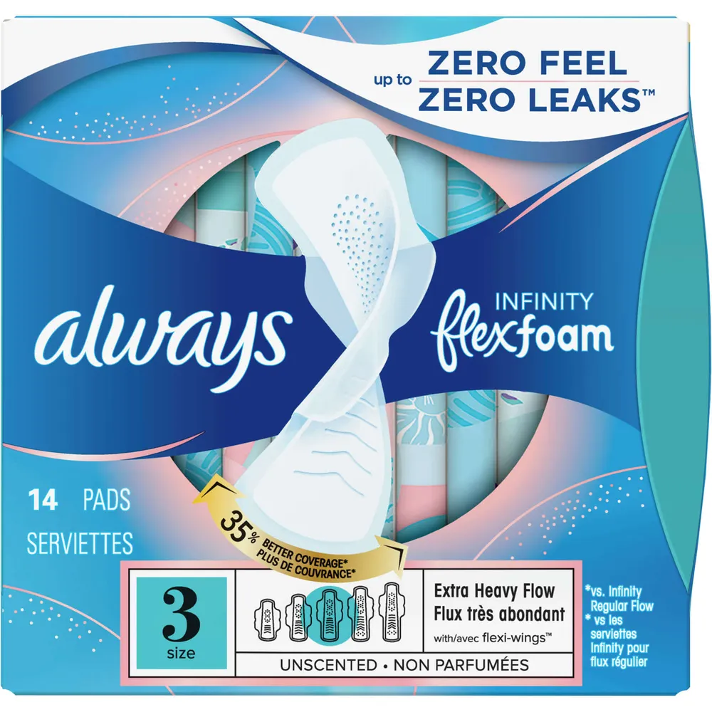 Always Infinity FlexFoam Pads for Women, Size 3, Extra Heavy Absorbency, Unscented, 14 Count