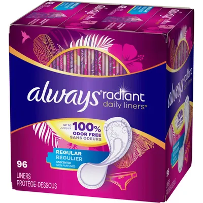 Always Radiant Daily Liners Long Absorbency, Up to 100% Odor-free