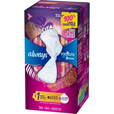 Always Radiant FlexFoam Pads for Women Size 1, Regular Absorbency, 100% Leak & Odor Free Protection is possible, with Wings, Scented, 30 Count