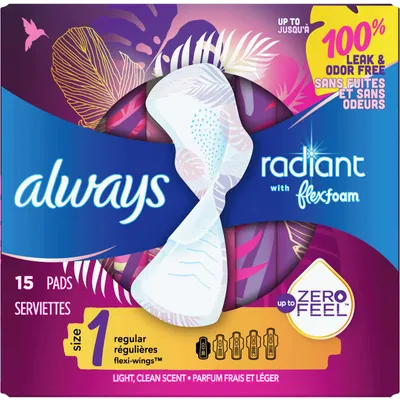 Always Radiant FlexFoam Pads for Women Size 1 Regular Absorbency with Wings, 15 Count