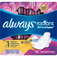 Always Radiant FlexFoam Pads for Women Size 1 Regular Absorbency with Wings, 15 Count