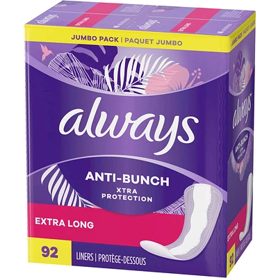 Always Anti-Bunch Xtra Protection Daily Liners Extra Long Unscented, Anti Bunch Helps You Feel Comfortable, 92 Count